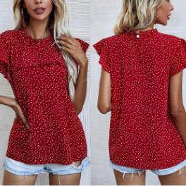 Summer Polka Dot O-neck Red T-shirt Top Women Butterfly Short Sleeve Ruffled Casual Slim Pullover Tee Sweet Top Streetwear Femme