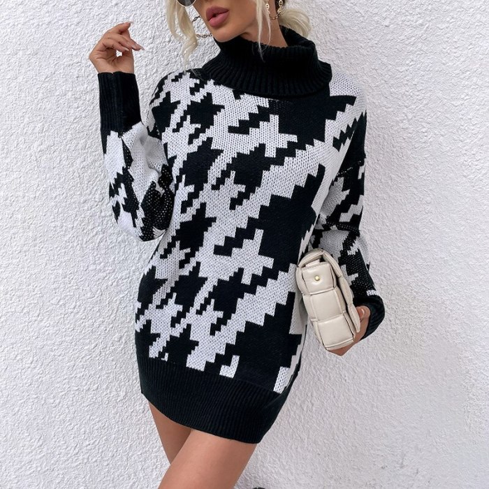 Houndstooth sweater women's pullovers autumn and winter 2021 new stitching contrast color lapel Straight sweater dress jumpers