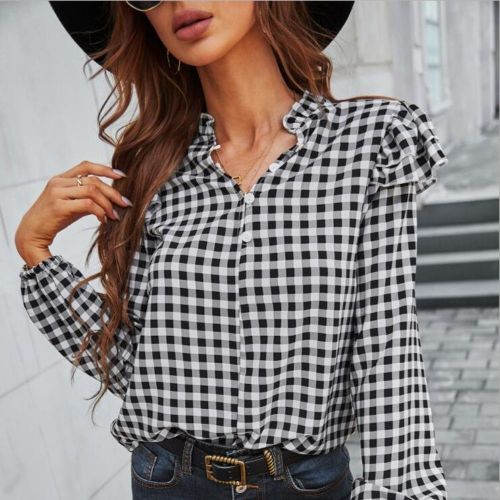 2022 Ruffles Plaid Blouse Women Spring Summer Long Sleeve Cute Shirts Loose Tops Blouses