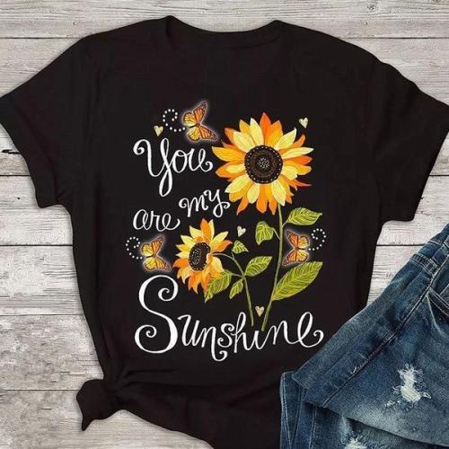Sunflower Butterfly Printed Funny Short Sleeve Round Neck Summer T-shirt Top