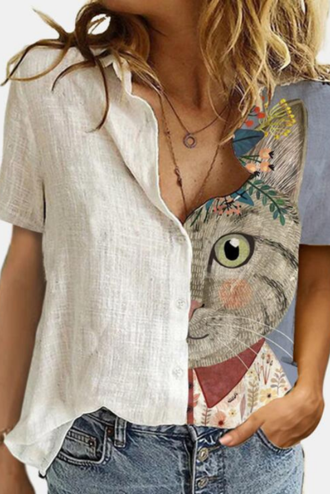 Creativity Cute Cat Print Women's Blouse Shirt 2021 Summer New Lightweight Personality 3D Short Sleeve Casual Trendy Lady's Tee