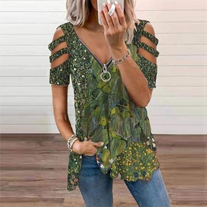 2021 Spring Summer Fashion V-Neck Zipper Blouses Shirts Women Elegant Solid Hollow Out Pullover Tops Ladies Casual Loose Blusa