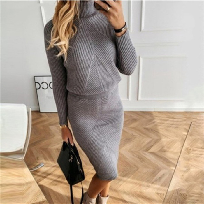 Knitted Turtleneck Sweater and Skirts 2 Piece Sets