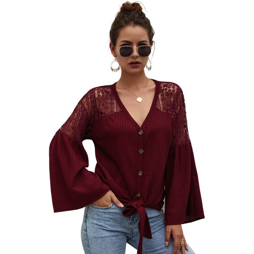V Neck Lace Women Shirt Long Sleeve Loose Single Breasted Lace Up Flared Sleeve Female Tops Fall Fashion New Solid Ladies Blouse