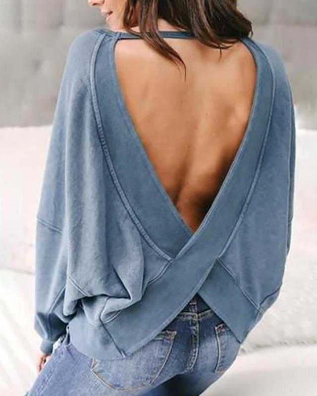 Solid Long Sleeve Open Back Blouse