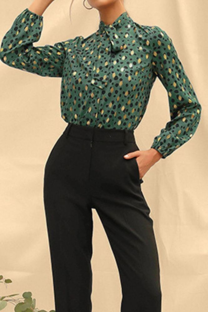 Print Spotted Top Lapel Black And Green Female Blouses Chic 2021 Summer Women’s Shirt Casual Long-Sleeved Blouse Chiffon