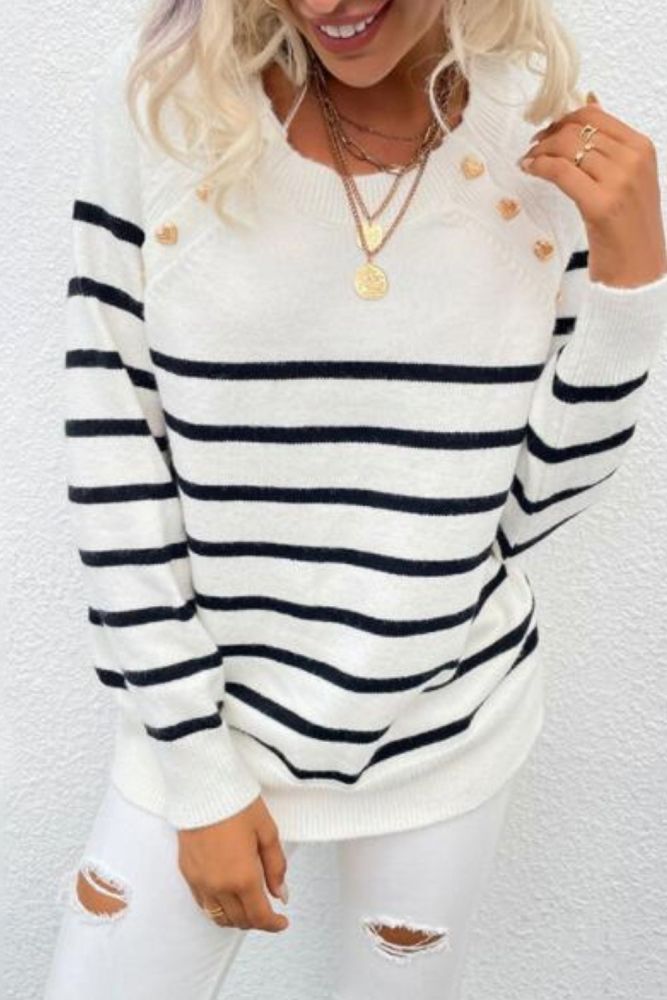 Women Sweaters Striped Print Button Knitted O Neck Casual Loose Top Female Fall Winter Soft Warm Wool Jumper Lady Pullovers