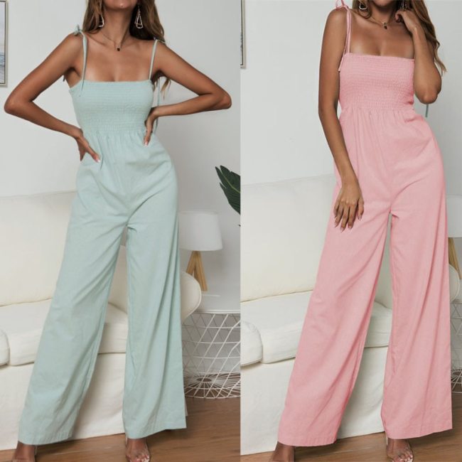 Women Solid Color Jumpsuit High Waist Rompers Boho Green Pink Spaghetti Strap Wide Leg Pants Female Summer 2020 Jumpsuits Ladies