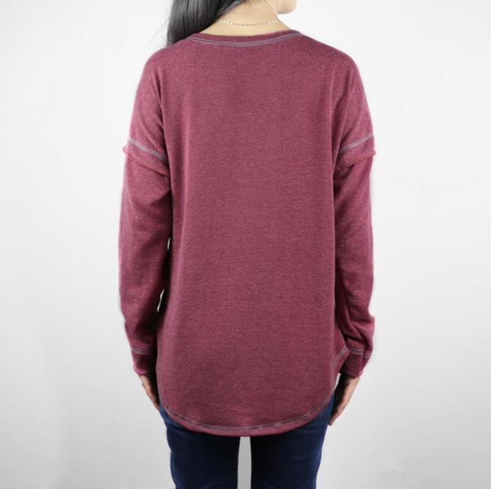 Fashion Round / V Neck With Button Long Sleeve Plain Casual Blouse
