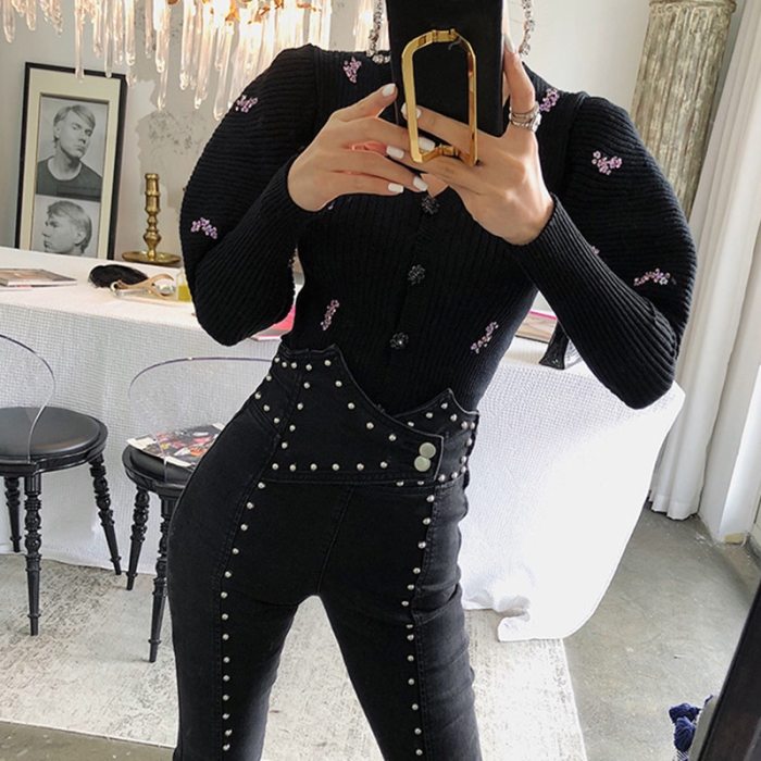 Sequined Caidigans Puff Sleeve Slim Black Sweaters