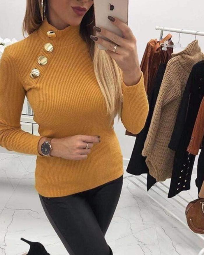 Solid Decorative Button Knit Top