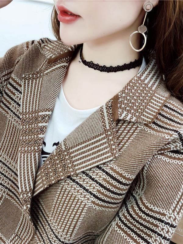 Casual Plaid Tailored Collar Knit Cardigan