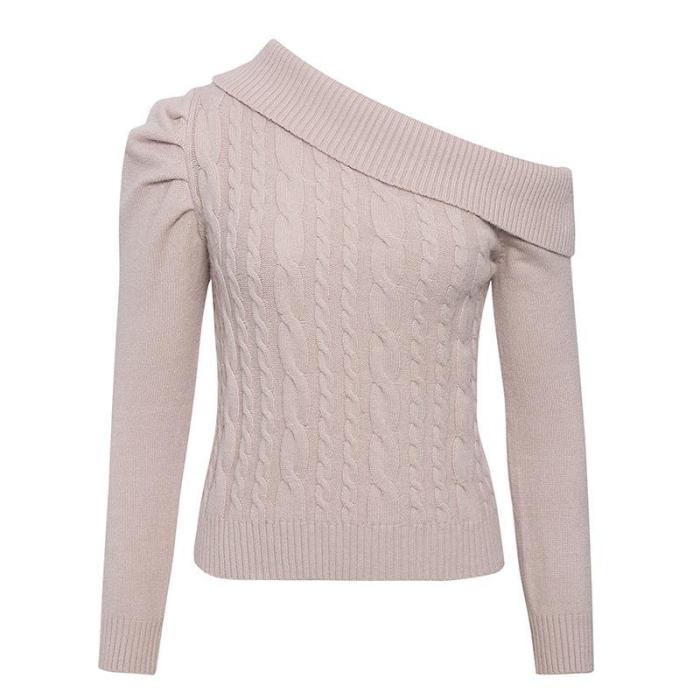 streetally Elegant one shoulder knitted sweater women Asymmetrical puff sleeve pullovers female Ladies autumn winter sweaters 2020