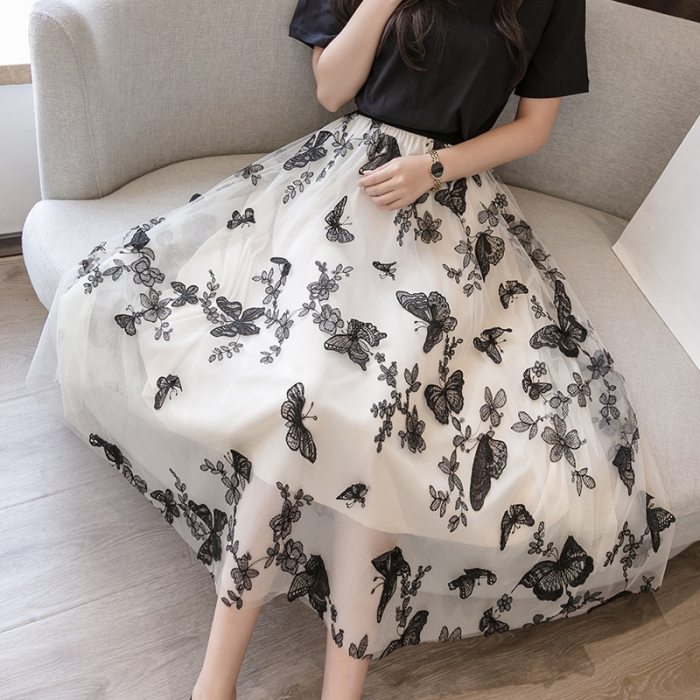 Maxi Tulle Mesh Pleated Skirt Women Summer Chic Floral Butterfly Embroidery High Elastic Waist Layered Fairy Skirt Female