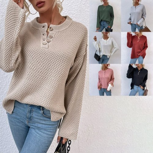 Round neck button cardigan sweater women autumn/winter split knit sweater single-breasted solid white khaki long sleeve pullover