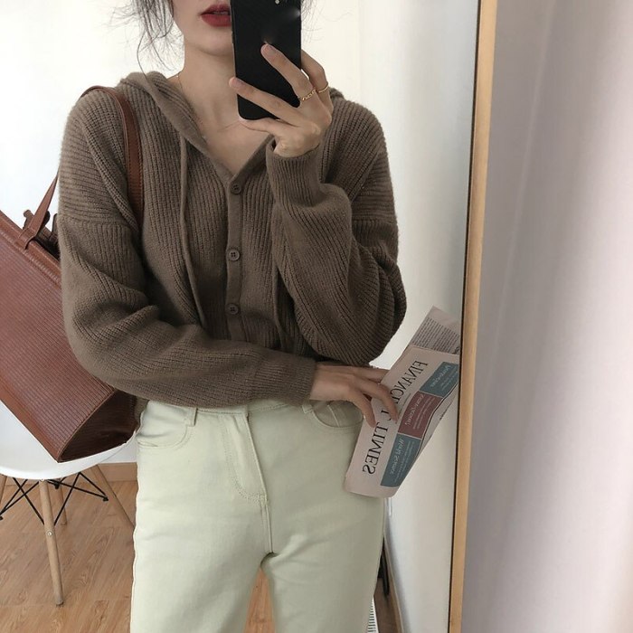 Korean Solid Color Loose Hooded Knitted Cardigan Women Oversized 2021 New All Match Knit Coat Female Casual Sweaters