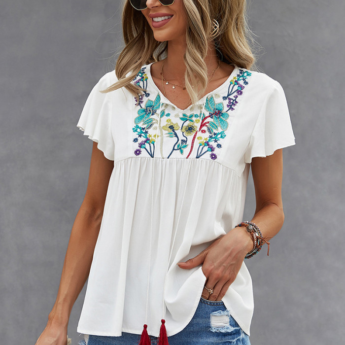 White Embroidered Ruffle T-shirt Summer Women Flower Embroidery V Neck Short Sleeve Ladies Casual Tassel Tops Tees