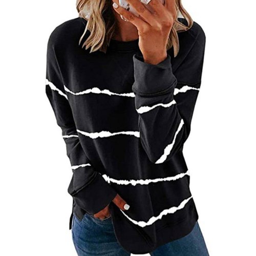 Autumn Women's Shirts Long Dyed Printed Striped Round Neck Loose Long Sleeve T-Shirts