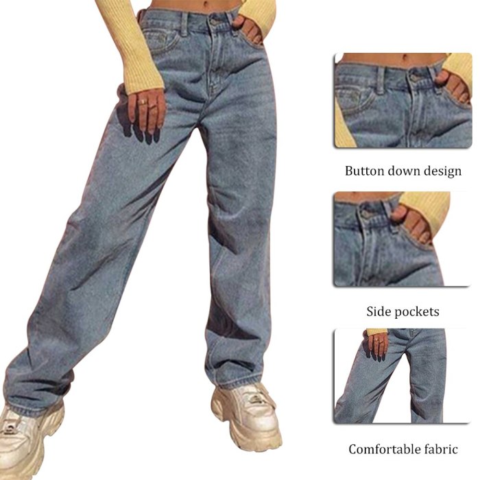 2021 Women New Spring E-Girl Vintage Fashion Slim Denim Streetwear Light Blue Straight Jeans High Waist Loose Pants