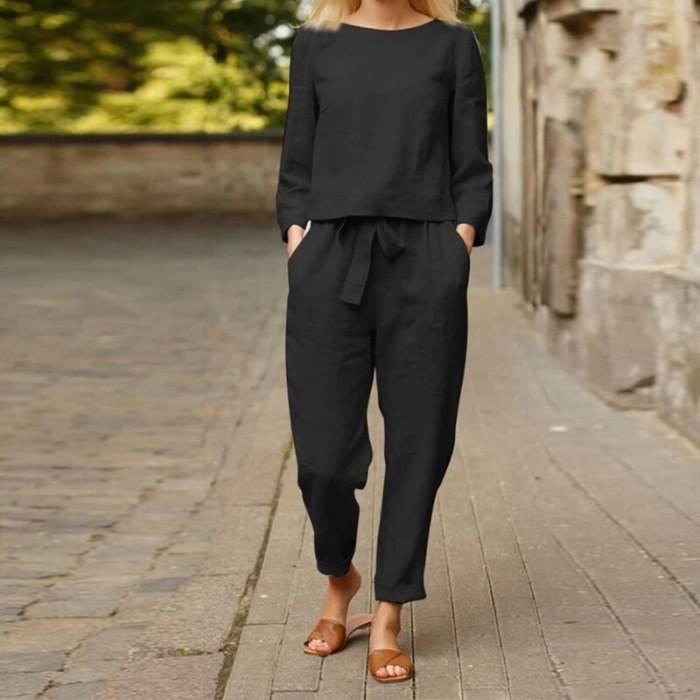 Autumn Office Lady Elegant Long Sleeve Outfit Women Solid Cotton Linen Two Piece Sets Casual O Neck Tops + Wide Leg Pants Suits