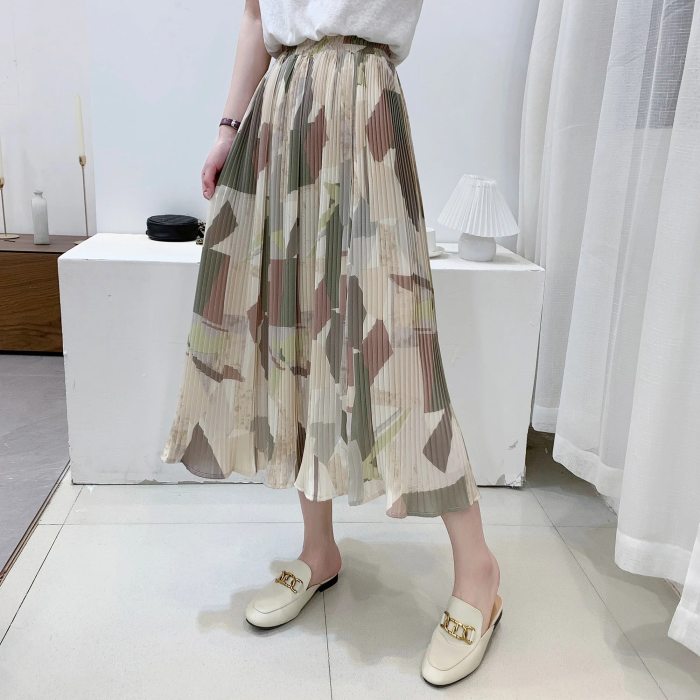 2021 New Vintage Geometric Printed Tulle Pleated Women's Mi-Long Skirts High Waist Female Umbrella Skirts Spring Summer
