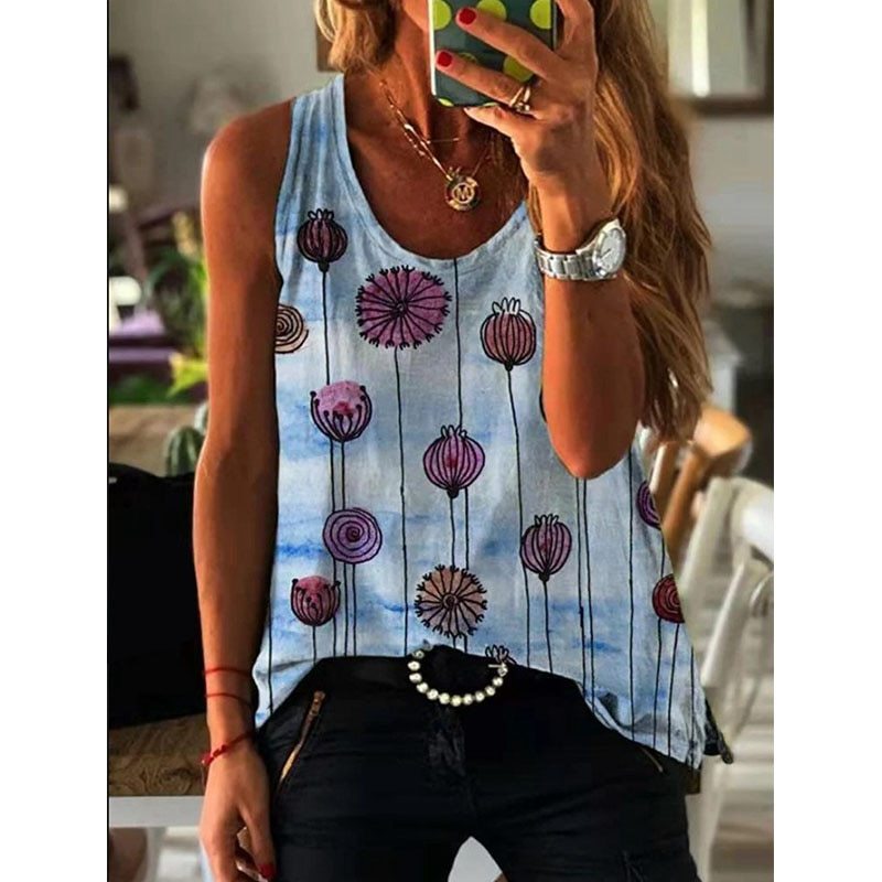 Tank Tops Women V Neck Print Vest Summer Ladies Shirts Slim Fit Polyester Sleeveless Tops Tshirts Casual Loose Summer Tops