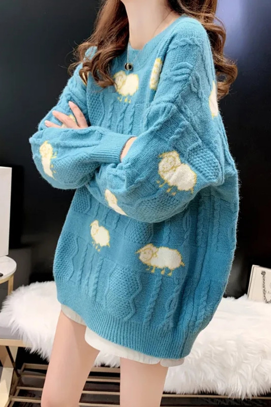 Women's Cartoon Sheep Print Sweater Loose O Neck Knitted Pullover
