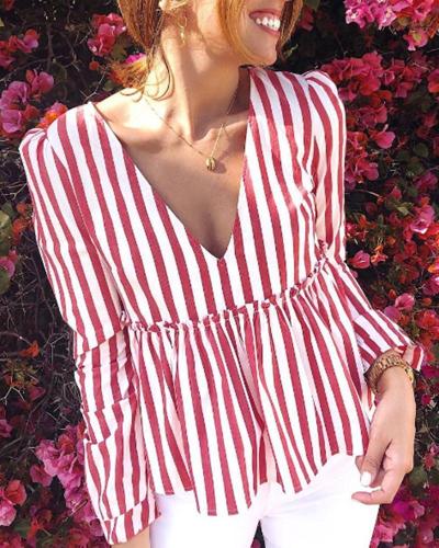 V Neck Striped Smocked Top