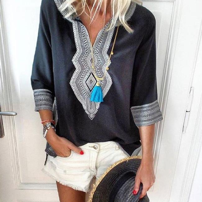 V Neck Bohemian Printed Half Sleeve Casual Blouses