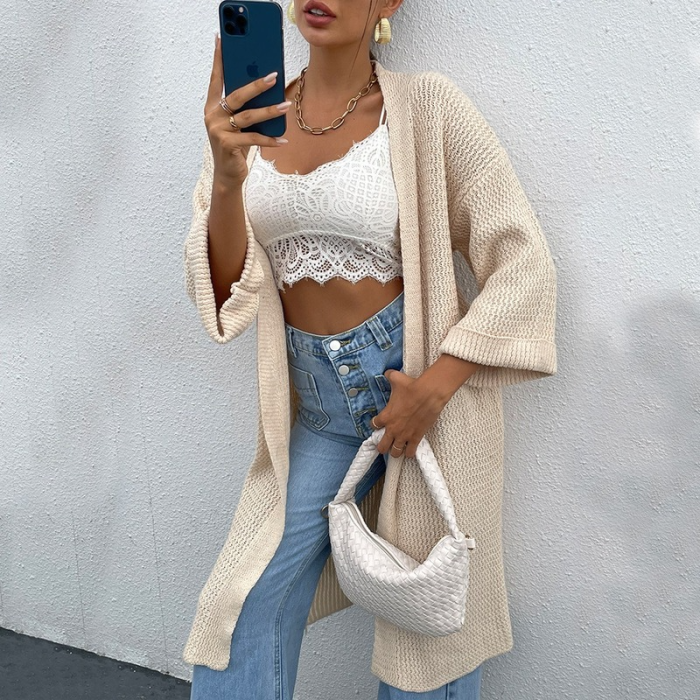 Fashion temperament midi Long Cardigans women 2021 autumn cardigan jacket with flared sleeves new knitted sweater coat female