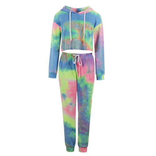 Women 2021 New Homewear Set Tie-Dye Home Suit Long Sleeve Pullover Tops+Full Length Pants Female 2 Piece Sets Plus Size Y