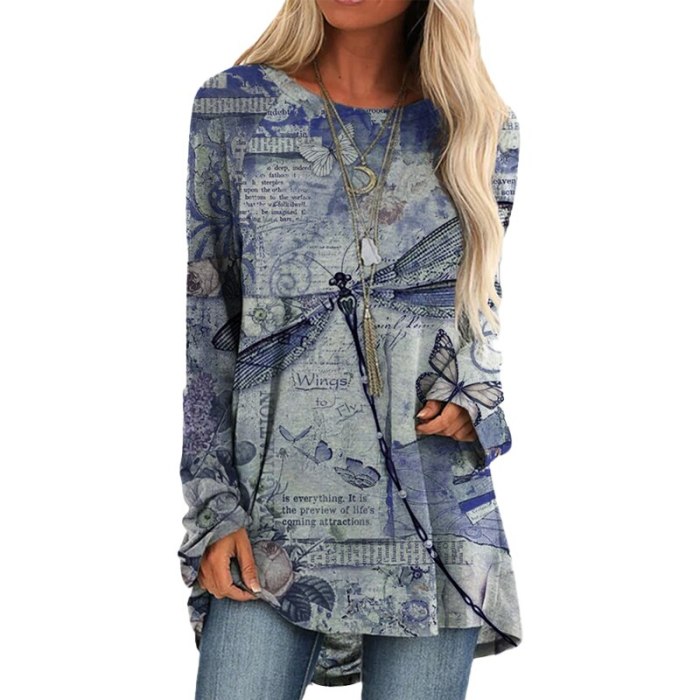 Printed Tops Long Sleeve Loose Casual Pullover T-Shirts