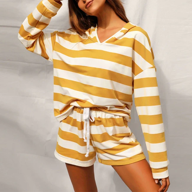 Women Stripe Color Two Piece Sets Long Sleeve V Neck Pullover Tops And Drawstring Shorts Suits Casual Female Loose Beach Outfits