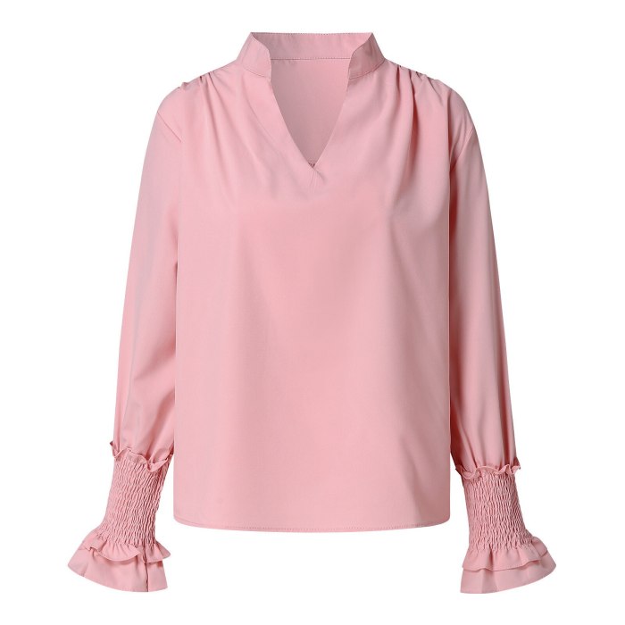 Women's Solid Color Tightened Cuffs V-neck Roll-up Sleeve Casual Work Blouses