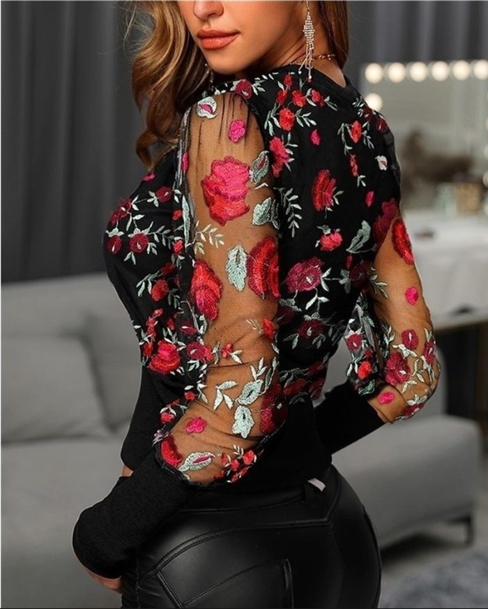 Women Blouse Tops Embroidery Floral Sheer Mesh Sleeve Blouse Shirts Women Spring Patchwork Pullovers Elegant Sexy Ladies Tops