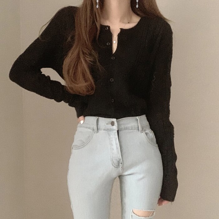 Women Sweater Hollow Out O-Neck Black Beige Cardigan Knitted Solid Clothes 2021 Spring Autumn Fashion New Korean Top