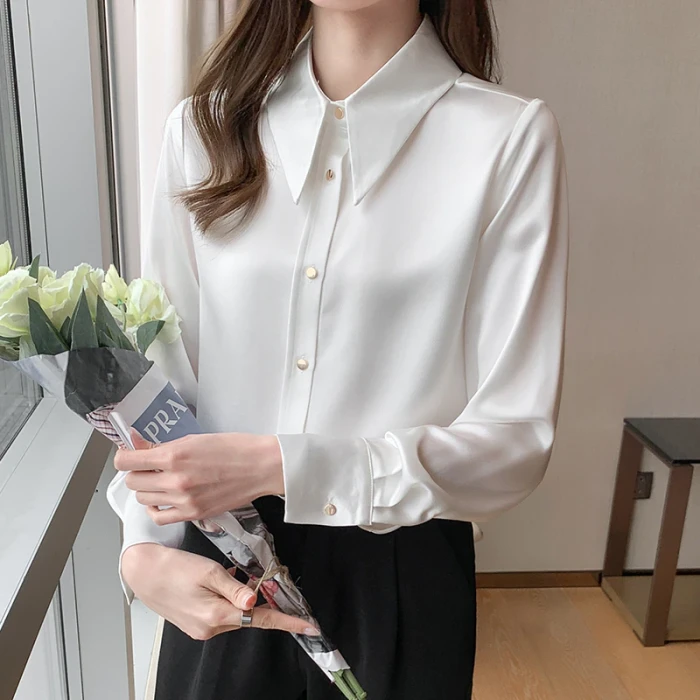 Korean Women Shirts Satin Blouses Women Long Sleeve Shirts Tops Woman Silk Shirt Tops Woman Peter Pan Collar Satin Blouses