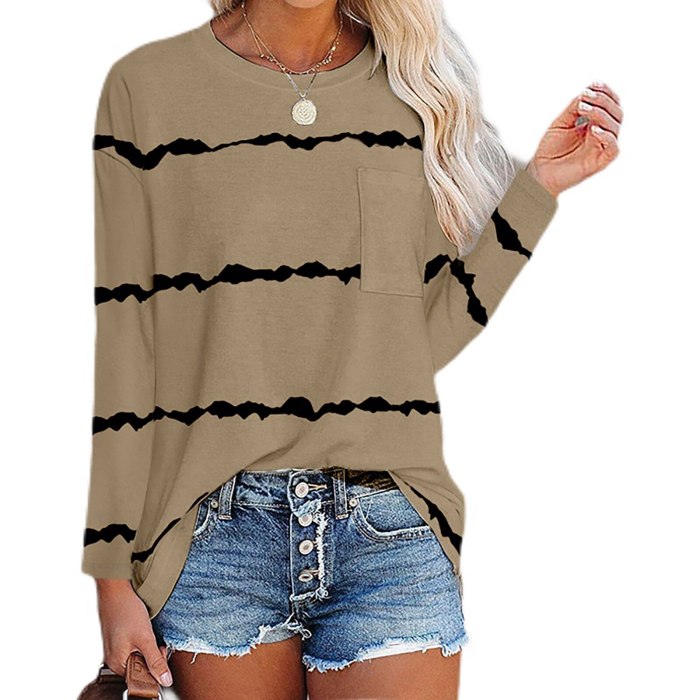 Womens Long Sleeve Tops Tee Striped Print Loose Pullover Tops with Pocket Striped Printed Clothes Tees Spring Female