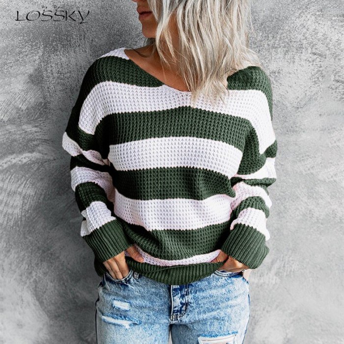Fashion Striped V Neck Women Sweater Casual Loose Long Sleeve Pink Top Elegant Streetwear Pullover Knitted Sweaters Autumn 2021