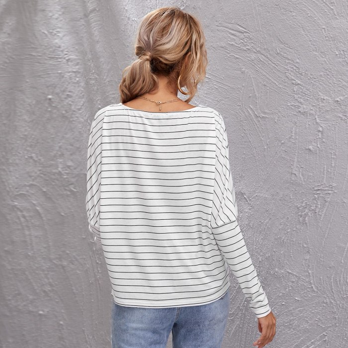 Women Striped T Shirt Tops Casual Batwing Long Sleeve Office Loose Tees Top 2021 Autumn New Fashion Elegant Home Wear Clothing