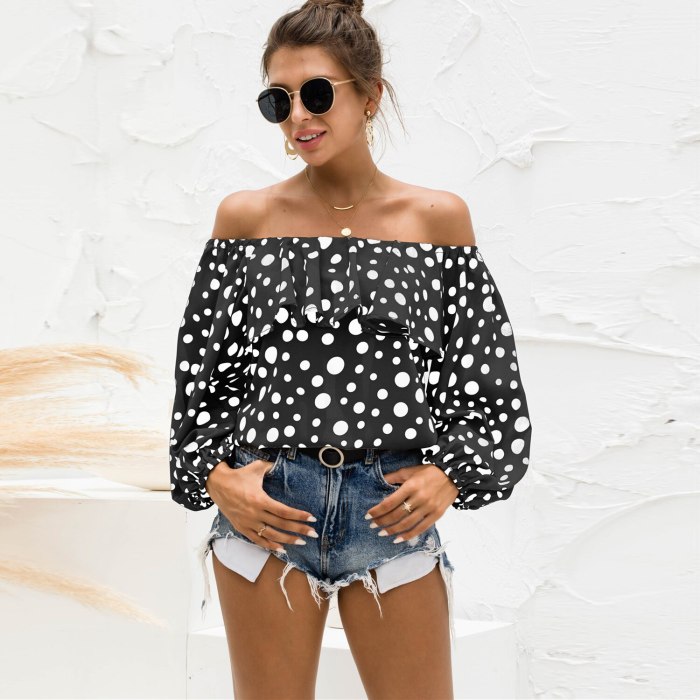 New Sexy Off Shoulder Crop Tops Women Autumn Polka Dot Print Puff Long Sleeve Shirts Lady Casual Slash Neck Ruffle Beach Blouse