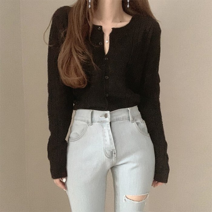 Women Sweater Hollow Out O-Neck Black Beige Cardigan Knitted Solid Clothes 2021 Spring Autumn Fashion New Korean Top
