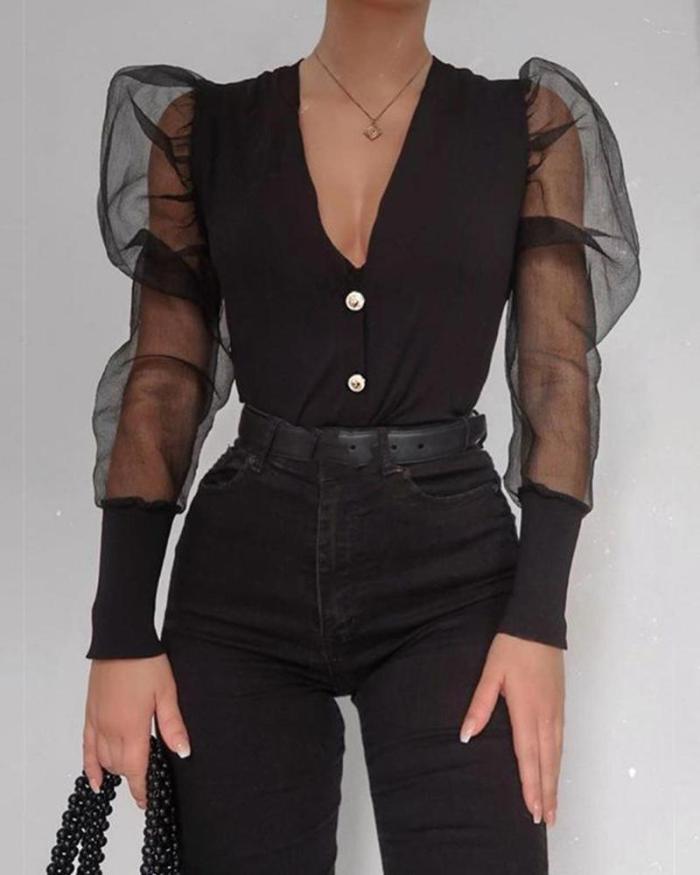 V Neck Mesh Sleeve Button-Up Top