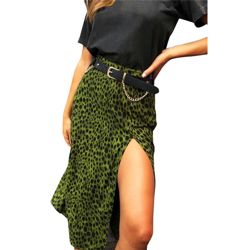 Feminine split leopard print skirt 2021 summer fashion print mid-length skirt temperament commuter women's skirt