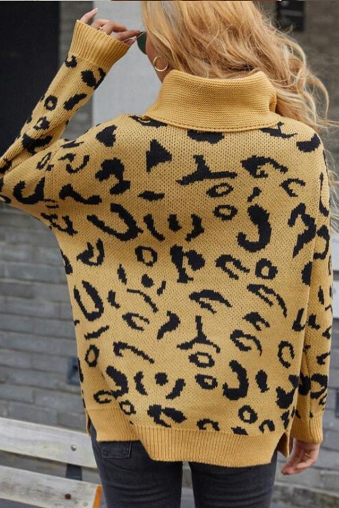 2021 Autumn Winter Turtleneck Knitted Sweaters Women Long Sleeve Leopard Thick Pullover Jumper Casual Loose Coat Tops