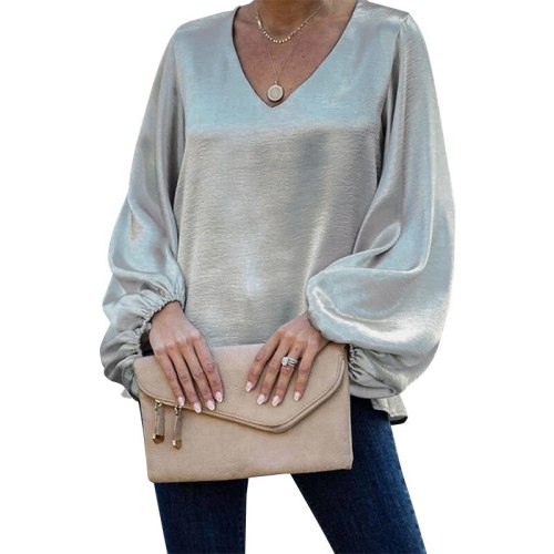 Women T-Shirt 2021 Spring Summer New Solid Color T Shirts Fashion V-Neck Long Sleeve Tops Female Casual Loose All-Match Tees