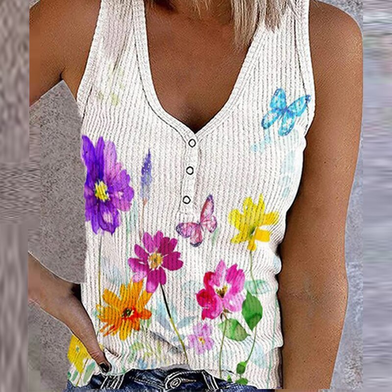 2021 Summer Flower Butterfly Print Tank Top Fashion Sleeveless V Neck Button Tee Shirt Women Casual Loose Plus Size Vest T-Shirt