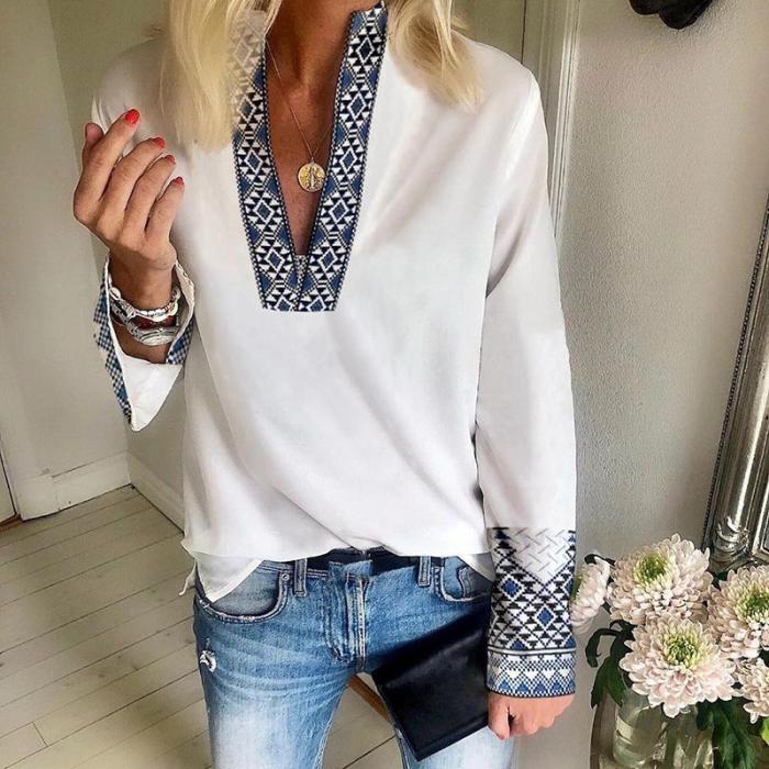 Casual Deep V-neck Solid Color Long-Sleeved Shirt