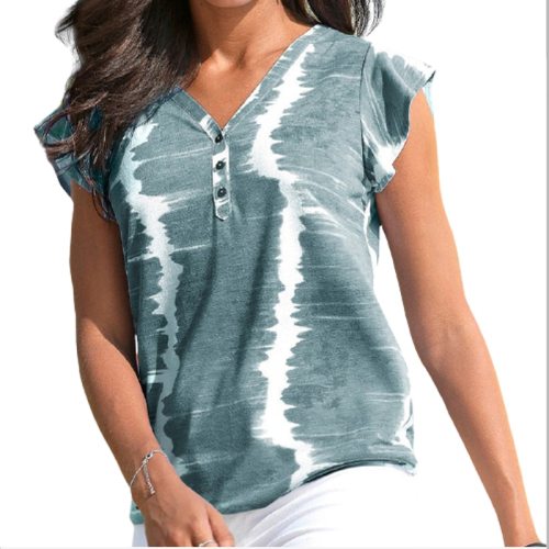 3XL 4XL 5XL Summer New V-Neck Short-Sleeve T-Shirt Comfortable and Breathable Women Plus Size Button Tie-Dye Printed T-Shirt Top