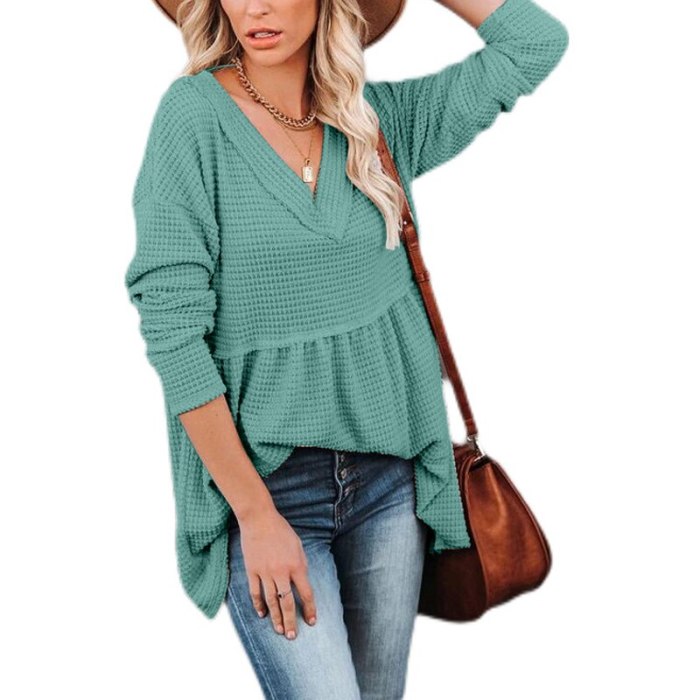 2021 Autumn Winter Fashion Clothes for Women Casual Streetwear V Neck Long Sleeve Ruched Loose Knit Tee T Shirt Femme Tops Mujer